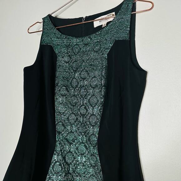 BADGLEY MISCHKA Black Emerald Lurex Jacquard Stretch Green Sheath Dress Size 6 - Picture 10 of 15